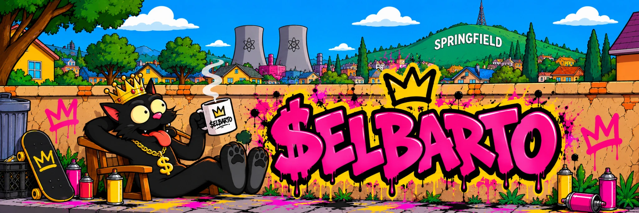 $ELBARTO pink graffiti beside the crowned cat drinking coffee, with Springfield in the background