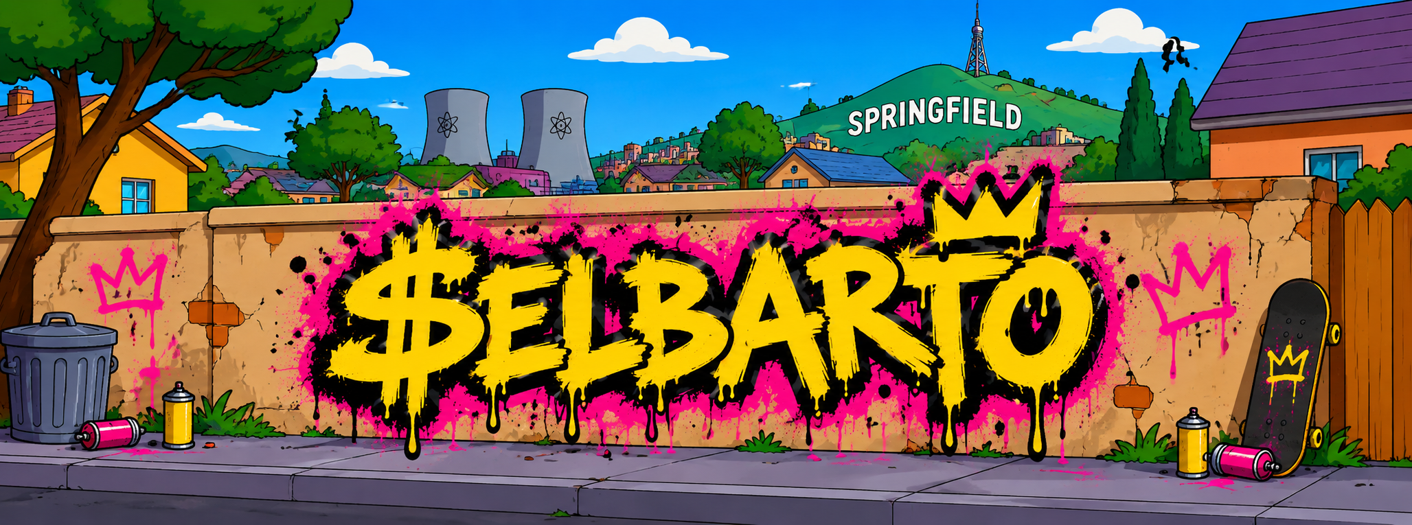 Wide yellow and pink ELBARTO graffiti mural
